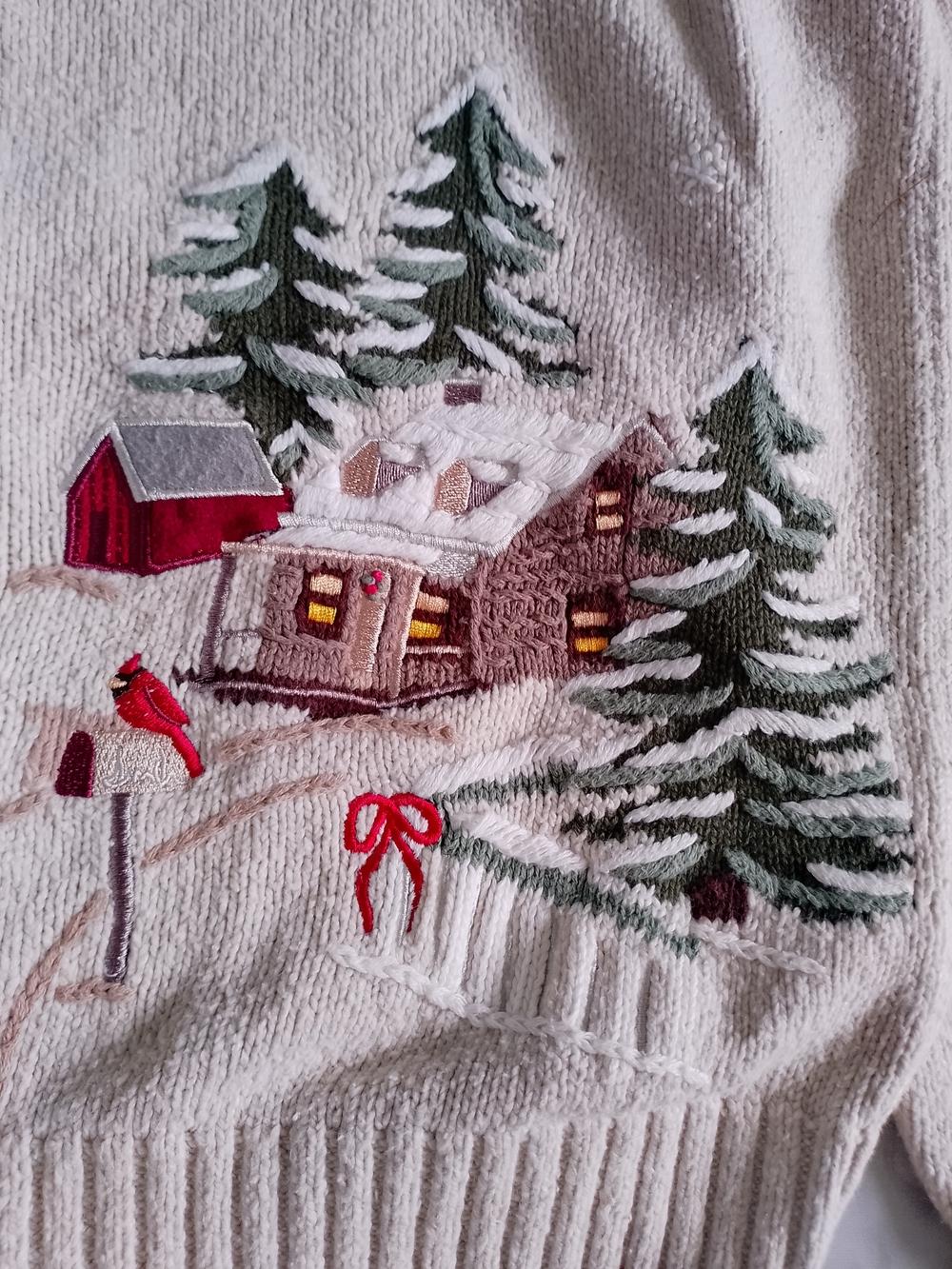 Vintage Cozy Cream Winter Scene Zip-Front Sweater Winterscape - Picture 4 of 10